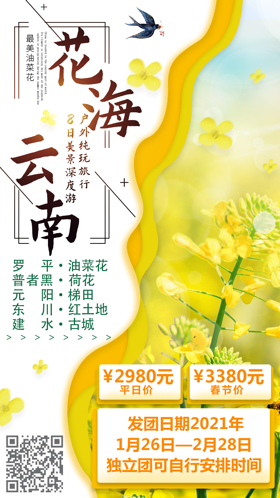 元阳梯田、建水、碧色寨、罗平油菜花花、普者黑、东川红土地8日